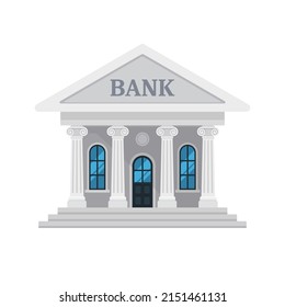 Cartoon financial bank building front view facade icon. Flat vector illustration isolated on white background. Finance, banking, business, economy concept. For infographics, web, app, design 