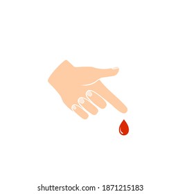 Cartoon finger with blood drop illustration. Perfect blood test design for healthcare collection. Symbol of blood test. Vector illustration