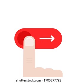 Cartoon Finger Like Red Slider Button. Concept Of Smart Cell Phone User Interface And Easy Login Or Enable. Flat Modern Minimal Unlock Logotype Graphic Design Element Isolated On White Background