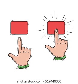 Cartoon finger presses the button. Vector click.
