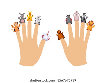 Cartoon finger puppet animals collection on two hands - cute farm and safari animal toys for children entertainment isolated on white background, flat vector illustration