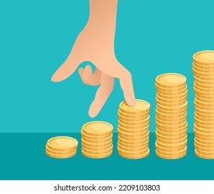 Cartoon fingers walking upstairs on coin stack. Investment and economy growth concept