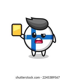 cartoon finland flag badge character as a football referee giving a yellow card , cute style design for t shirt, sticker, logo element