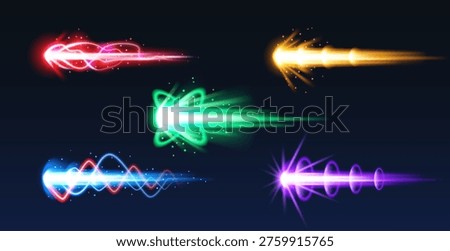 Cartoon fire blast effect with energy trails and glowing beams, isolated vector illustrations on black. Game gun effect UI design elements, comic style laser weapon with dynamic action, vibrant colors