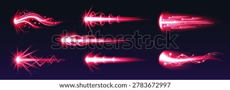 Cartoon fire blast effect with energy trails and glowing beams, isolated vector illustrations on black. Game gun effect UI design elements, comic style laser weapon with dynamic action, vibrant color