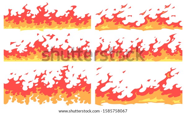 Cartoon fire border. Flame divider,\
bright fire flames borders and seamless blaze. Devil hell flaming\
burn fiery red frame dividers. Isolated icons vector\
set