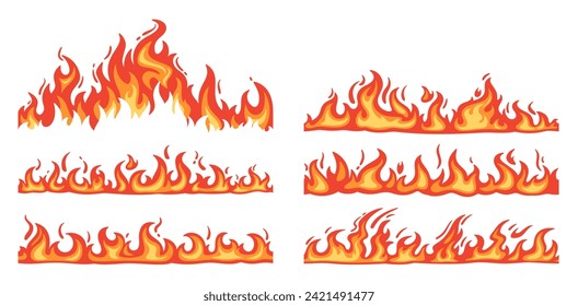 Cartoon fire borders. Flame frame, blazing dividers, hot flaming banners. Wildfire campfire and ignite elements, fire trail and flammable border isolated vector set. Orange and red burning collection