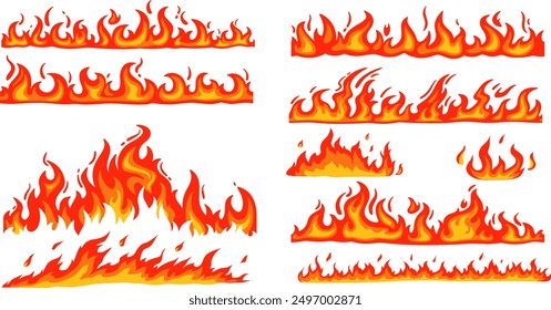 Cartoon fire borders, flame frame, blazing dividers, hot flaming banners, wildfire campfire and ignite elements, fire trail, and flammable border isolated vector set.