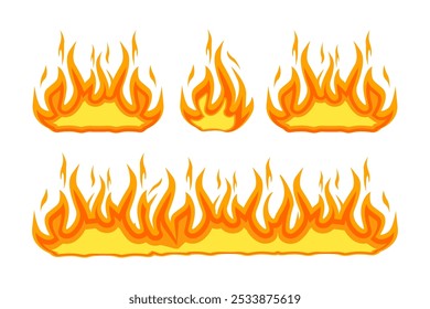 Bordes de fuego de dibujos animados, marco de llama, divisores ardientes, Anuncios en llamas calientes, fogatas y Elementos de fuego, sendero de fuego y conjunto de Vectores aislados inflamables.