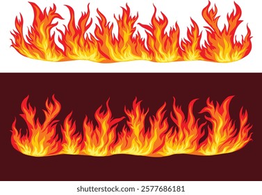 Cartoon fire borders. Flame frame, blazing dividers, hot flaming banners. Wildfire campfire and ignite elements, fire trail and flammable border isolated vector set. Orange and red burning collection.