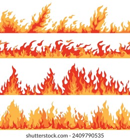 Cartoon fire borders. Seamless flamed dividers. Different burning directions and intensity. Hot red linear bonfires. Danger flaming. Hell blazing. Inferno firewall