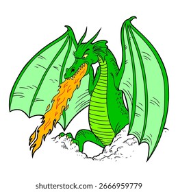 Vector de dragón de aliento de fuego de dibujos animados