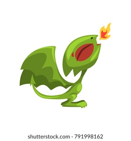 Cartoon fire breathing dragon. Green fairy tale creature with large wings. Isolated flat vector design for mobile game, book, children book, sticker or t-shirt print