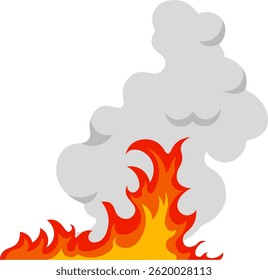 Cartoon fire burning with large smoke cloud rising, creating a dramatic and dangerous scene, suitable for illustrating concepts related to fire safety, emergencies, or destruction