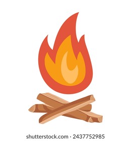 Cartoon fire with chopped tree trunks. Sticks or firewood burn in red fire. Burning wood. Vector hand drawn illustration isolated on white background. Camping colors icon for campsite cooking or BBQ.