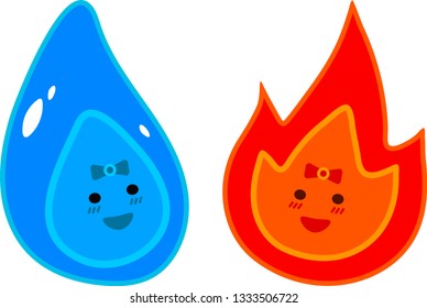 Cartoon fire and drop of water with smiley faces and bows