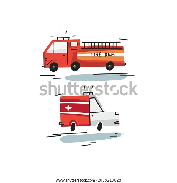 Cartoon fire engine and ambulance isolated on\
white background. Hand drawn doodle illustration. Childish flat\
vector fire department and emergency machine, ideal for kid t shirt\
print, poster design