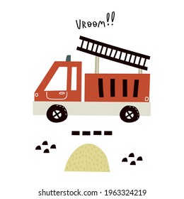 cartoon fire engines, hand drawing lettering, decor elements. flat style, colorful vector for kids. baby design for cards, poster decoration, t-shirt print