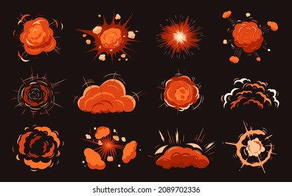 Cartoon fire explosion. War bomb, blast effects gaming. Dynamite explosions, bright red clouds. Comic style elements, big boom and smoke recent vector set