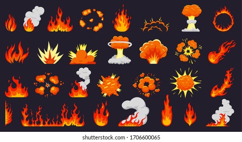 Cartoon fire explosions. Fire flames, hot campfire, explosive bomb clouds, flaming explode. Flame silhouettes isolated vector illustration set. Fire power, smoke blast, dynamite boom collection