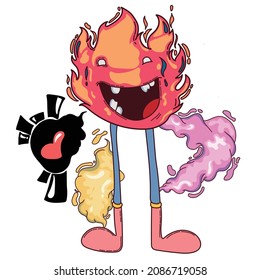 cartoon fire with feet and face and smoke beside feet