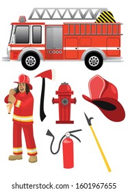 Cartoon Fire Fighter Set Objects Stock Vector (Royalty Free) 1601967655 ...