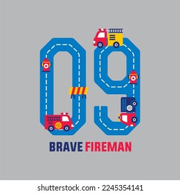 Cartoon Fire fighters Numbers vector illustration. Children s road and colored cars in the form of numbers.