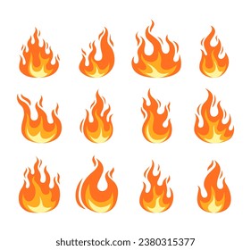 Cartoon fire flame collection vector. Red fire, fire element, campfire, heat wildfire, flame icon vector illustration set. Set of red and orange fire flame. Collection of hot flaming element