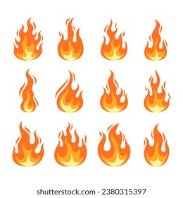 Cartoon fire flame collection vector. Red fire, fire element, campfire, heat wildfire, flame icon vector illustration set. Set of red and orange fire flame. Collection of hot flaming element