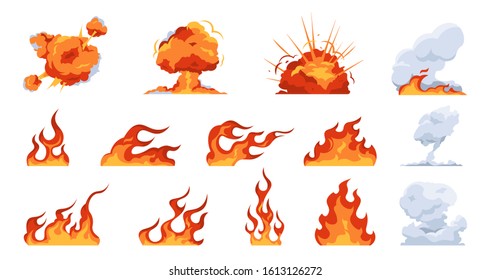 Cartoon fire flame. Flat fireball smoke and explosion effects, flames of different shapes. Vector fire ignition and heat danger set. Fireball illustration and flaming collection symbol