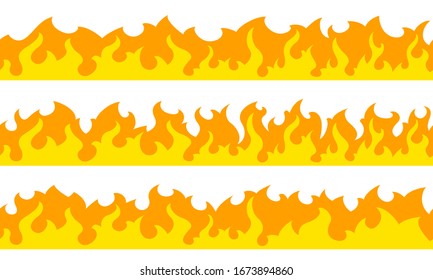 Cartoon fire flame frame borders. Seamless orange fire border