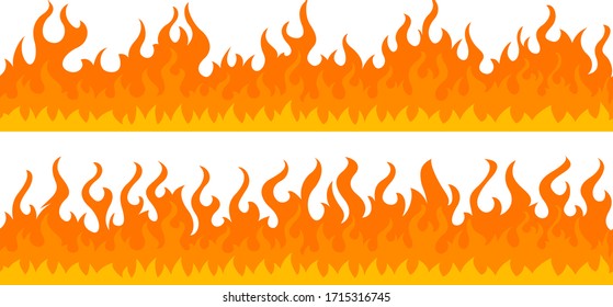 Cartoon fire flame frame borders. Seamless orange fire border
