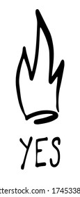 Cartoon fire flame. Graphic element vector. Sketch crown yes word. Hand drawing hot black tattoo illustration on white vintage background. Line silhouette bonfire draw. Retro brush outline