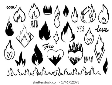 Cartoon fire flame. Graphic element vector. Sketch crown, fire heart, in love. Hand drawing hot black tattoo illustration on white vintage background. Line silhouette bonfire draw. Retro brush outline
