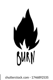 Cartoon fire flame. Graphic element vector. Sketch text burn. Hand drawing hot black tattoo illustration on white vintage background. Line silhouette bonfire draw. Retro brush outline