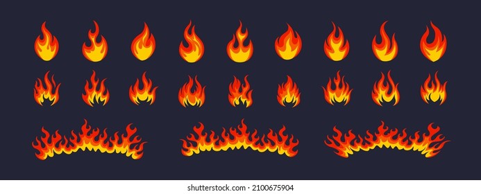 Cartoon fire flame icon collection vector. Red fire, fire element, fireball, heat wildfire, flame hand drawn vector illustration set.