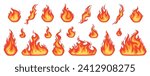 Cartoon fire. Flame of infernal fireballs, red and yellow campfire, hot wildfire and bonfire, burn power. Hellfire, burning icons isolated vector set. Fireplace or camping activity