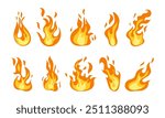 Cartoon fire. Flame of infernal fireballs, orange and yellow campfire, hot wildfire and bonfire, burn power. Hellfire burning icons isolated vector set. Fireplace or camping activity.