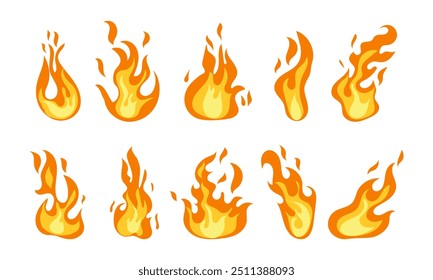 Fuego de dibujos animados. La llama de las bolas de fuego infernales, la fogata naranja y amarilla, el fuego forestal caliente y la hoguera, queman energía. Hellfire quemando iconos aislados Vector conjunto. Chimenea o actividad de camping.