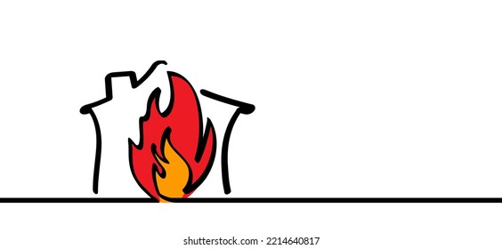 Cartoon fire, flame line pattern. Fireman's job. Vector flames icon or symbol. Burn, ablaze logo. Drawing flaming house or home, damage. Insurance event. Accident problem. Burning house.