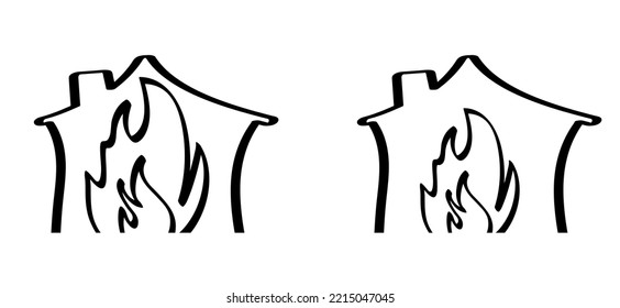 Cartoon fire, flame line pattern. Fireman's job. Vector flames icon or symbol. Burn, ablaze logo. Drawing flaming house or home, damage. Insurance event. Accident problem. Burning house.