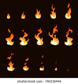 Cartoon fire flame sheet sprite animation vector set. Illustration of fire motion animation, hot flame cartoon animated