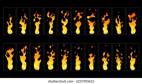 Animación del icono de la llama del fuego de caricaturas. Estadios de quema de vectores, efecto de incendio de fogata. Marco de la secuencia de llama de antorcha, elementos de movimiento de la hoja de cálculo de la llama brillante naranja y amarillo