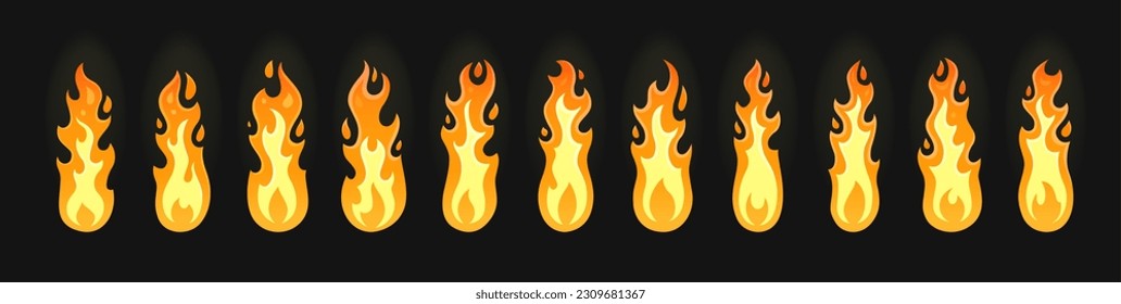 Animación del icono de llama de fuego de caricatura, quemadura de fuego o antorcha, efecto de bucle vectorial. Animación de fuego en llamas, marco de hojas de centeno para juegos, fuego de velas o bola de fuego y animación de hogueras o chimeneas