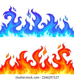 Cartoon fire flame vector. Horizontal seamless colorful red and blue flat fire vector isolated on white background