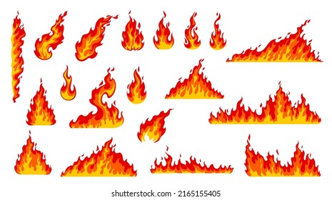 Cartoon fire flames, bonfire burn and hot red fireballs. Vector fire flames of hell blaze and heat, firewall or wildfire and burning torch, flammable symbols and fire flame effects