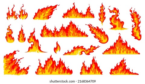 Cartoon fire flames, bonfire and burning wildfire or firewall, vector icons. Red hot flames of campfire, wildfire fireballs or burning torch heat, flammable symbols and burning firewall effects