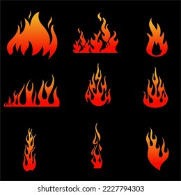 Cartoon fire flames bonfire fire and burning fireballs vector icons set red hot flames of campfire wildfire firewall or burning