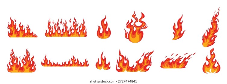 Chama de fogo de desenhos animados, fogo de fogueira e bolas de fogo queimando, conjunto de ícones vetoriais. Chamas quentes vermelhas de fogueira, firewall de fogo selvagem ou calor de tocha queimando, símbolos inflamáveis e efeitos queimando do inferno chama
