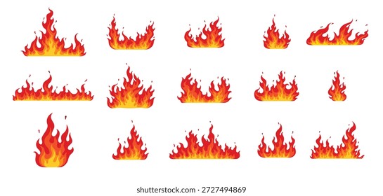 Cartoon fire flames, bonfire and burning firewall, vector icons. Wildfire red hot flames of campfire or furnace hearth burning and torch light blaze, fireball symbols and burning firewall effect